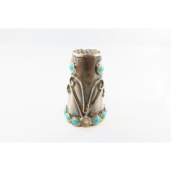 Vintage Sterling Silver Sewing Thimble Sz 11 Turquoise Accented Eagle 3 JMA - Picture 3 of 7